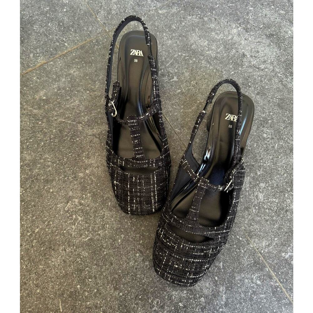 ZARA Textured Slingbacks NWT 🖤 Tweed Fabric Block Heel Size 7.5 8 - Picture 9 of 16